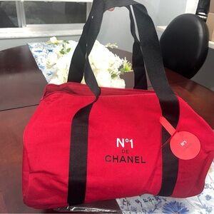 CHANEL No.1 Novelty Red Canvas Duffle Bag with Black Straps